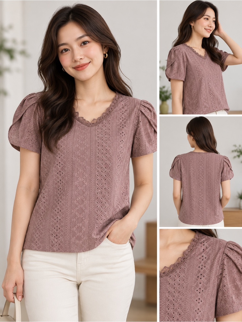 Women’s Lace Puff Eyelet Sleeve V-Neck Top - Dusty Mauve, Large